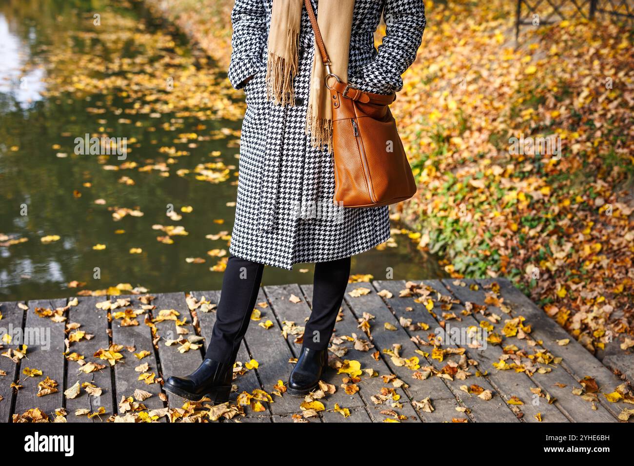 Donna che indossa cappotto pied de poule, sciarpa in cashmere e borsetta in pelle sul lago nel parco autunnale. Abbigliamento caldo alla moda Foto Stock