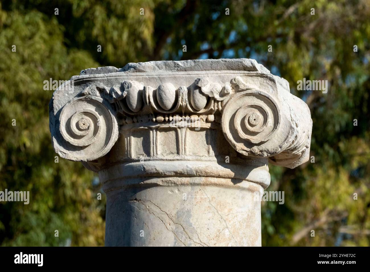 Dettaglio ravvicinato di lavori in pietra su una colonna di pietra presso il sito archeologico Panagia Chrysopolitissa, la chiesa di Agia Kyriaki, Paphos, Cipro. Foto Stock