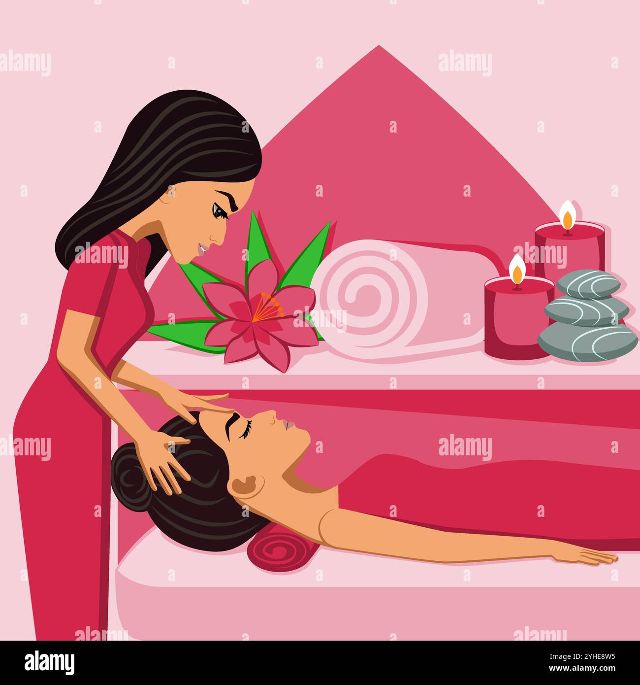 Massaggio rilassante. Terapia e trattamento da parte di terapisti professionisti nella SPA. Illustrazione del vettore piatto isolato. Etnia orientale. Illustrazione Vettoriale