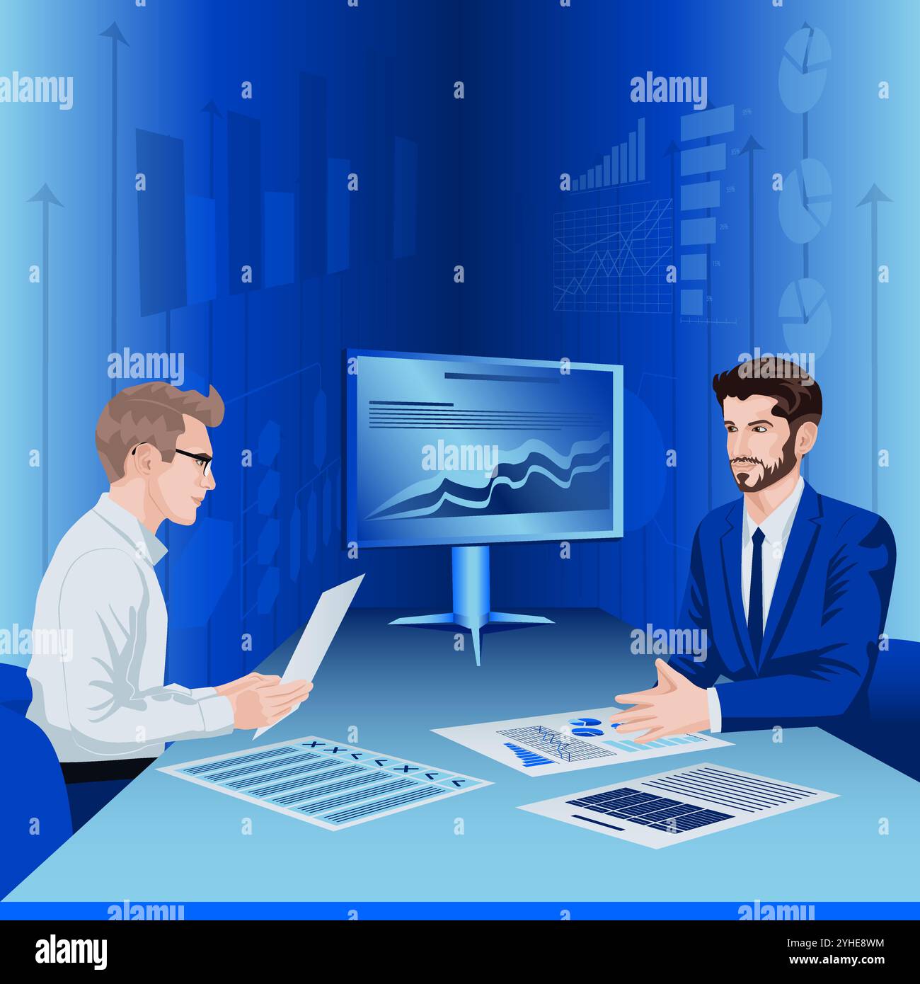 Condurre colloqui con le parti interessate per identificare e comprendere i problemi del processo decisionale. Illustrazione vettoriale del design piatto. Illustrazione Vettoriale