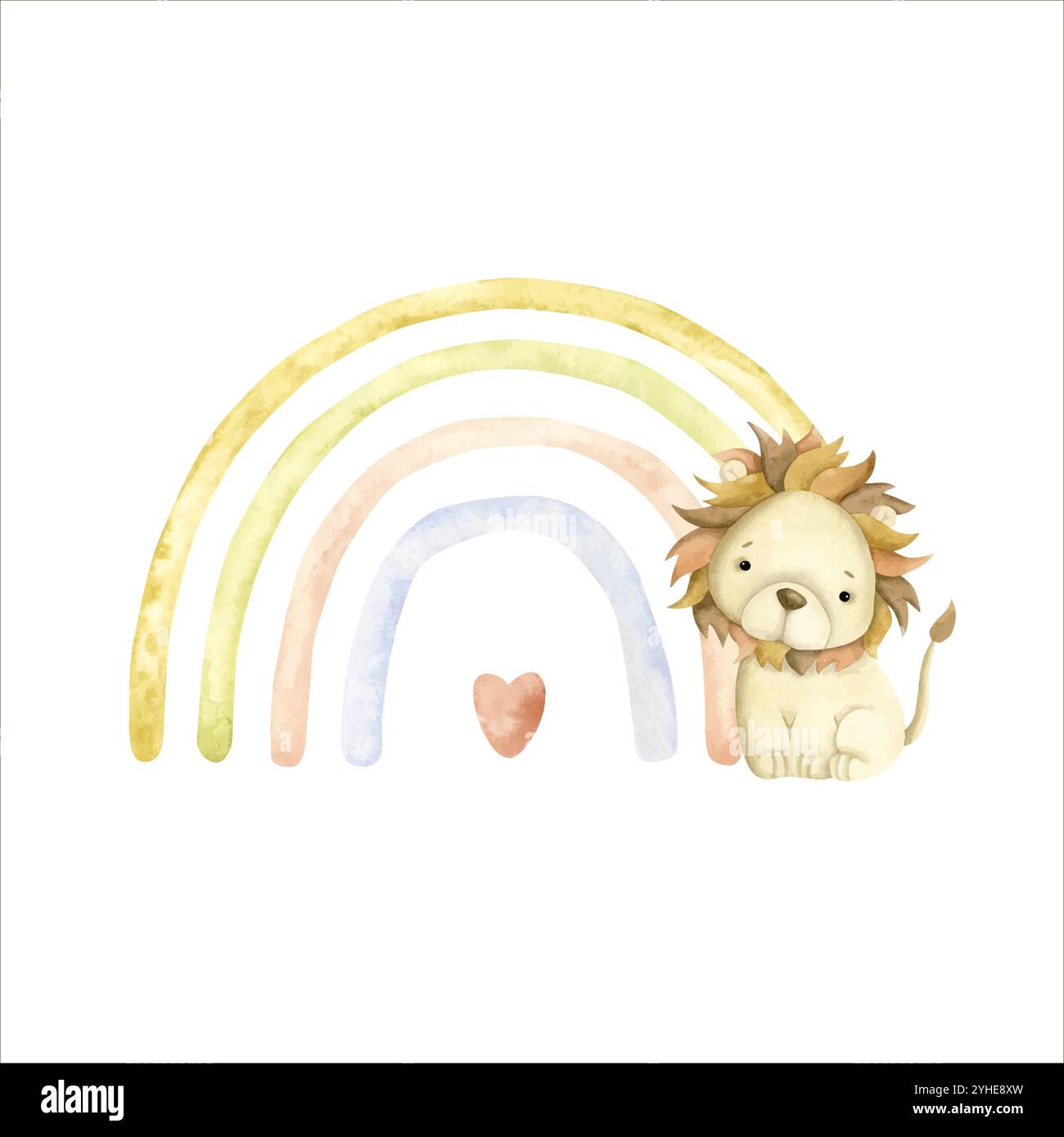 Safari acquerello disegnato a mano con baby leone e arcobaleno per bambini Illustrazione Vettoriale