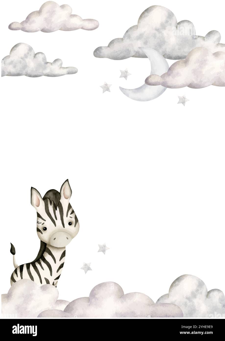 Safari acquerello disegnato a mano con zebra, nuvole, luna e stelle per bambini. Modello per biglietti d'auguri o inviti Illustrazione Vettoriale