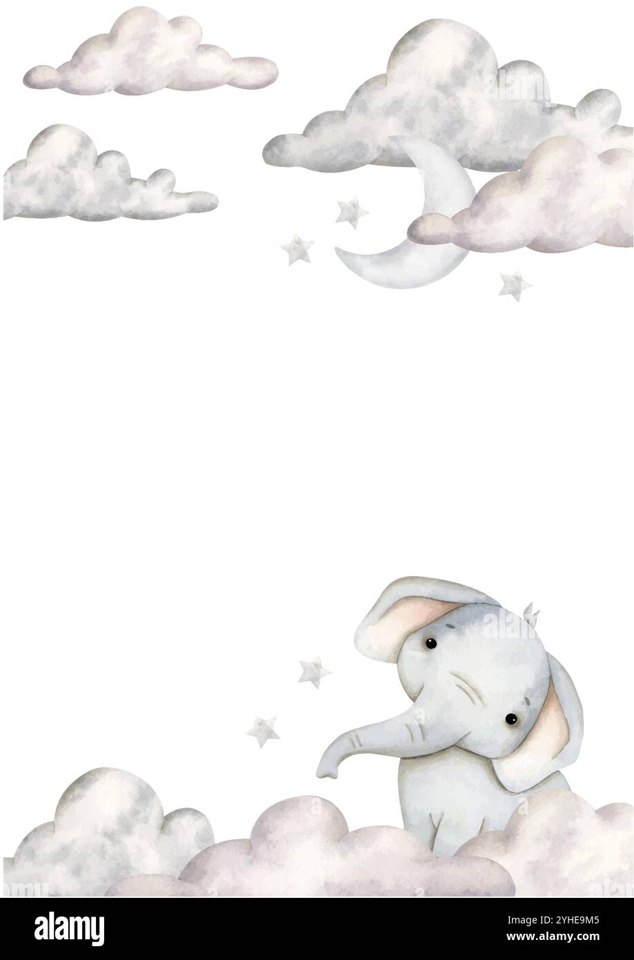 Safari illustrazione ad acquerello disegnata a mano con elefante, nuvole, luna e stelle per bambini. Modello per biglietti d'auguri o inviti Illustrazione Vettoriale
