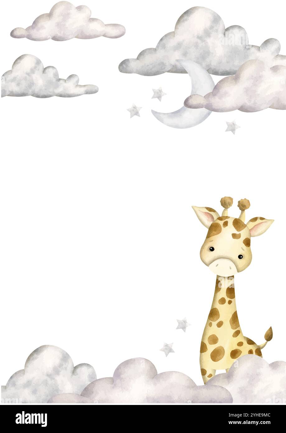 Safari illustrazione ad acquerello disegnata a mano con giraffa, nuvole, luna e stelle per bambini. Modello per biglietti d'auguri o inviti Illustrazione Vettoriale