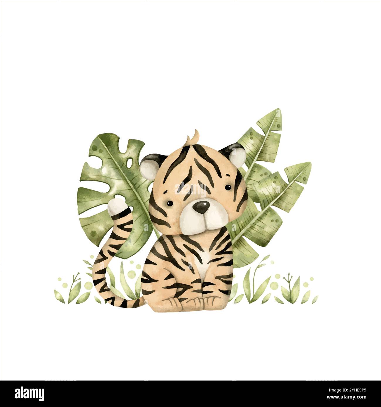 Safari acquerello disegnato a mano con tigre e foglie tropicali per i bambini Illustrazione Vettoriale