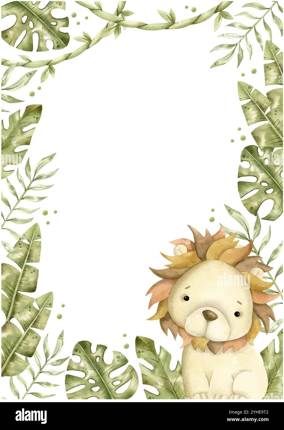 Safari acquerello disegnato a mano, cornice con leone e foglie tropicali, superriduttore per bambini Illustrazione Vettoriale