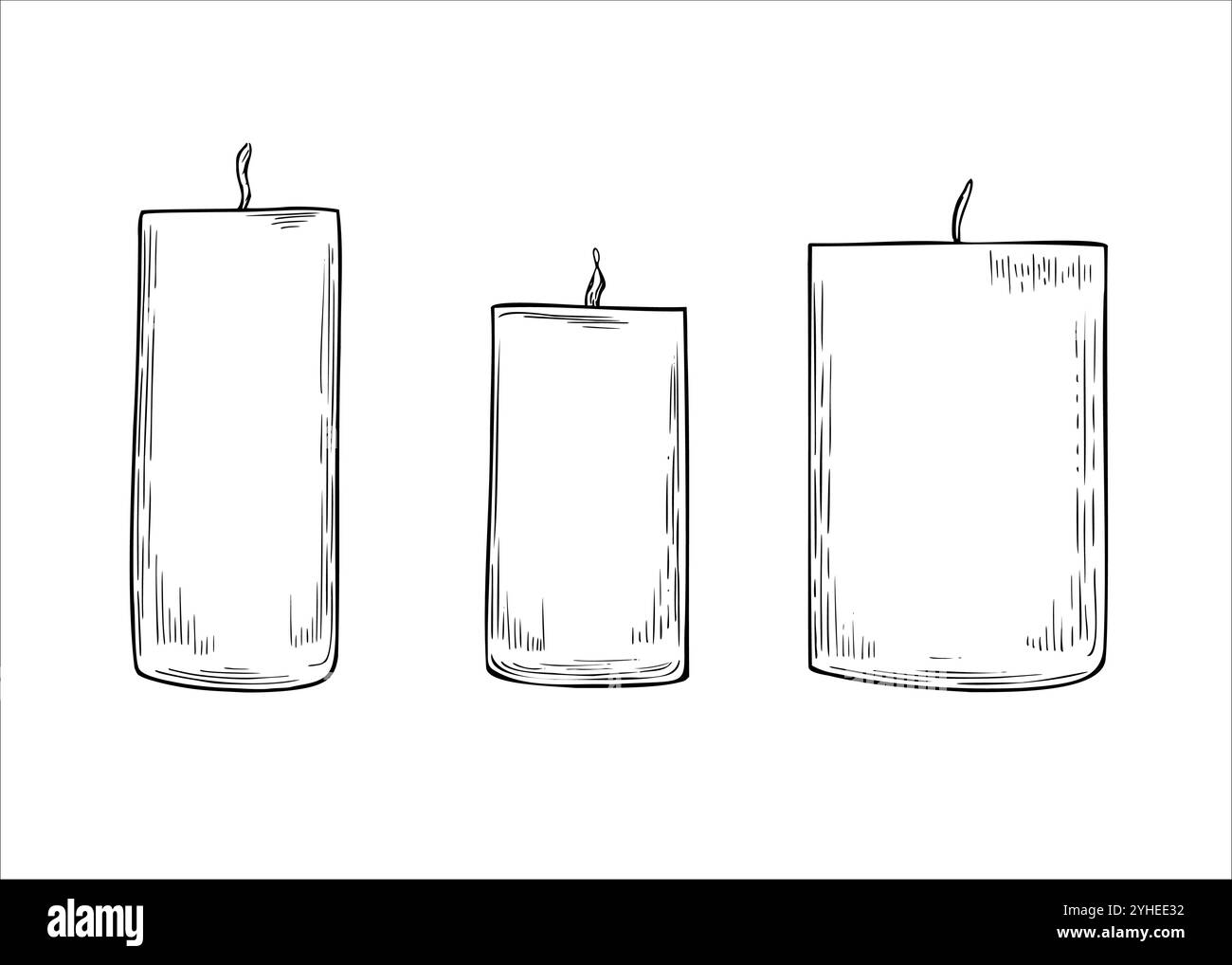 Tre eleganti candele a colonna di diverse altezze con fiamma ardente in bianco e nero linea disegnata a mano inchiostro nero clip art. Vacanza minimalista Illustrazione Vettoriale