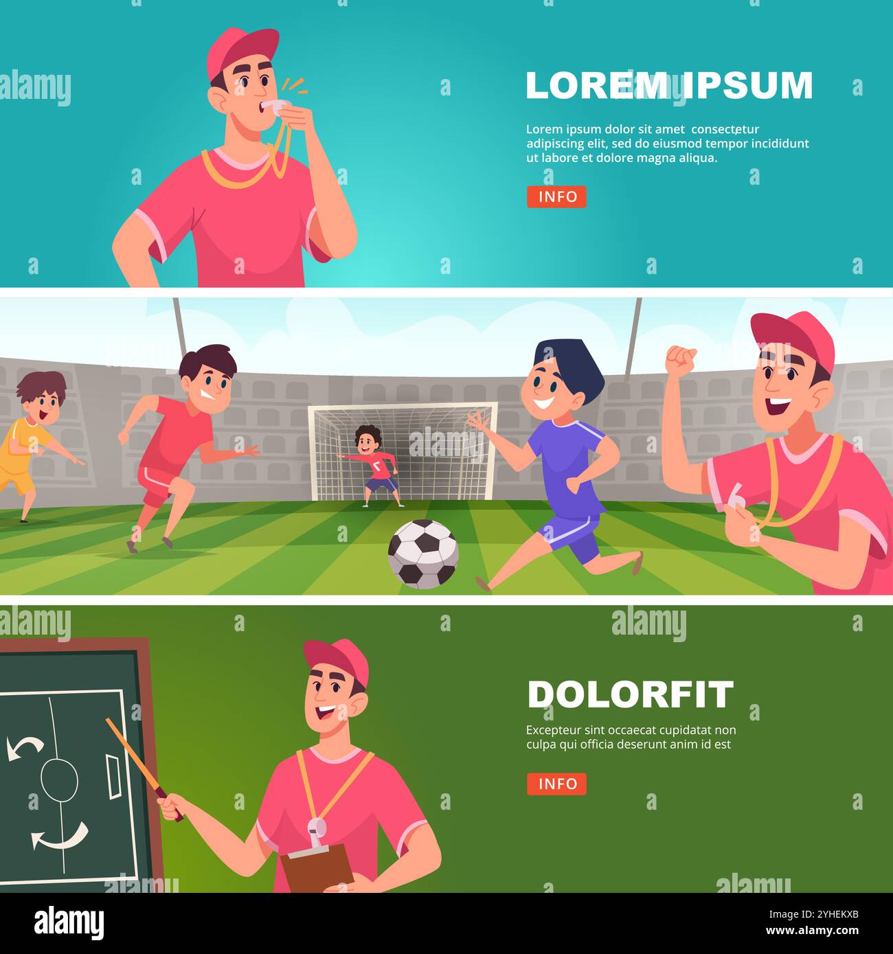 allenatore. istruttore di calcio per bambini banner orizzontali vettoriali Illustrazione Vettoriale