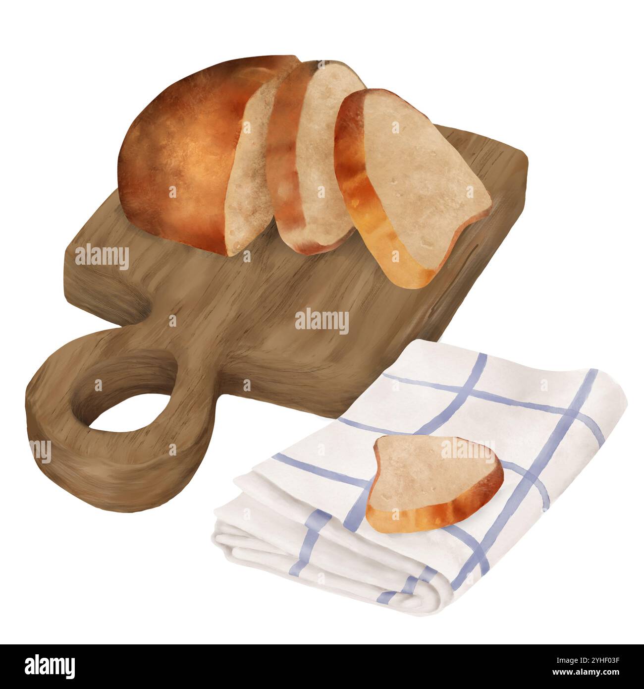 Il delizioso pane tostato tagliato a fette si trova su un asse di legno. Illustrazione acquerello in formato digitale. Un pezzo di pane bianco giace su un rimorchio da cucina Foto Stock