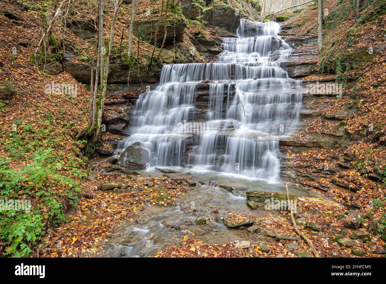 Cascata le tre Cascate, Parco Nazionale foreste Casentinesi Monte Falterona e Campigna, Badia Prataglia, Toscana, Italia Foto Stock