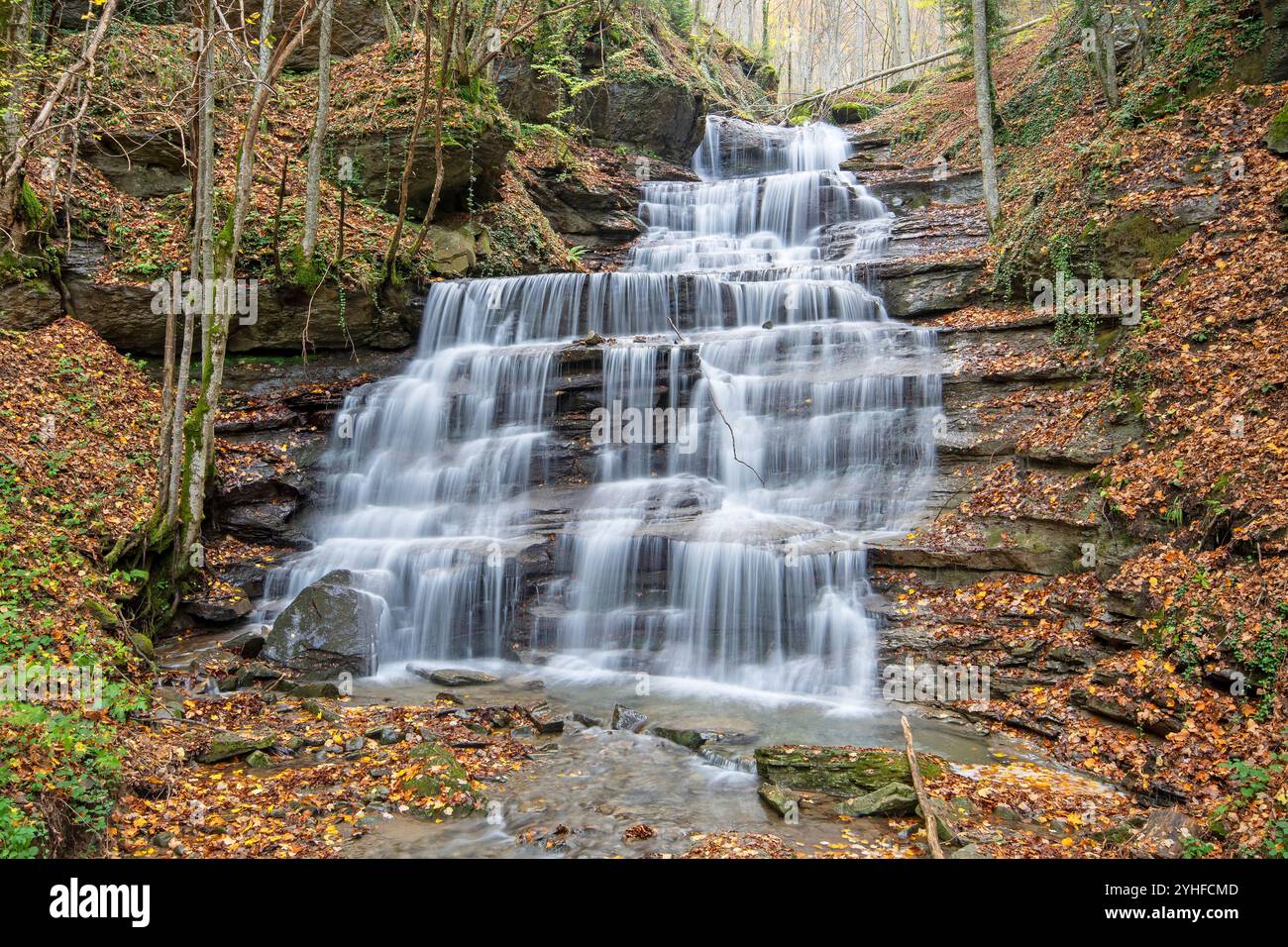 Cascata le tre Cascate, Parco Nazionale foreste Casentinesi Monte Falterona e Campigna, Badia Prataglia, Toscana, Italia Foto Stock