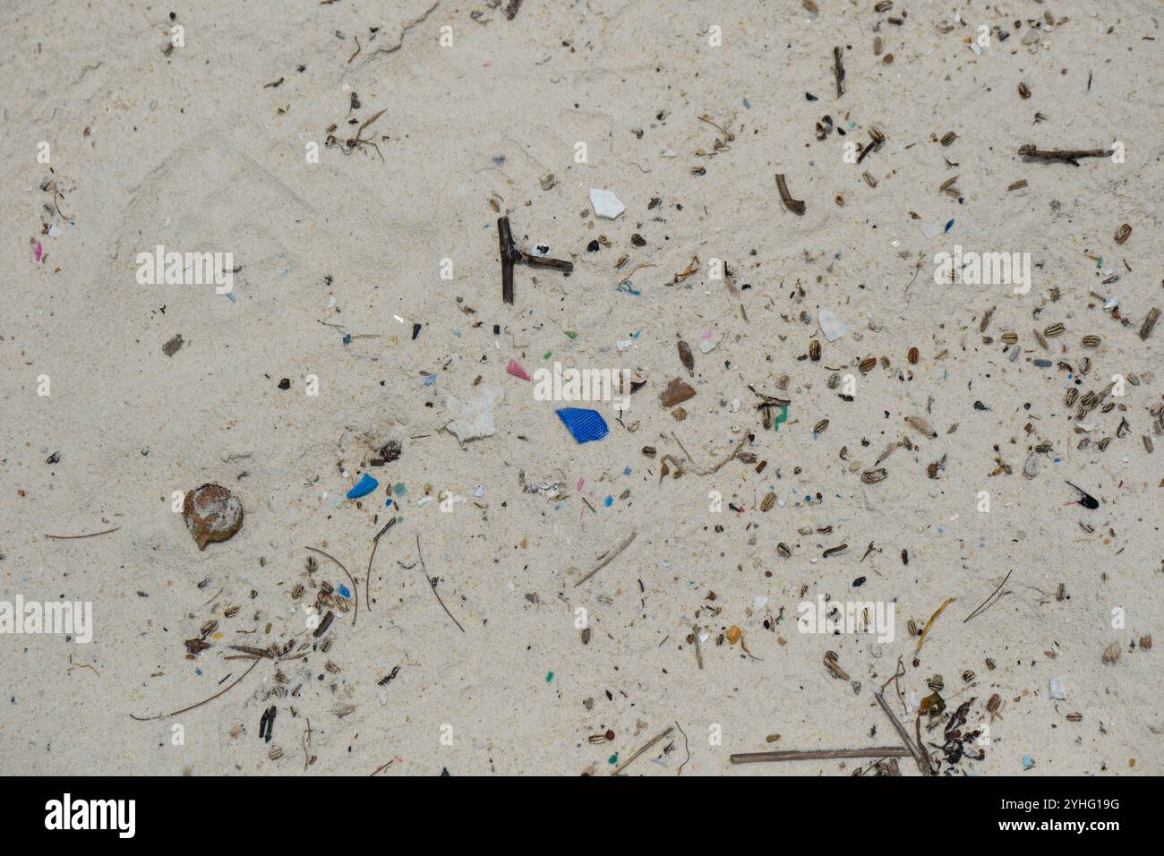 Microplastica lavata sulla spiaggia di St Johns Island Singapore. Gli ecosistemi acquatici sono influenzati dalla plastica monouso che entra negli oceani del mondo Foto Stock