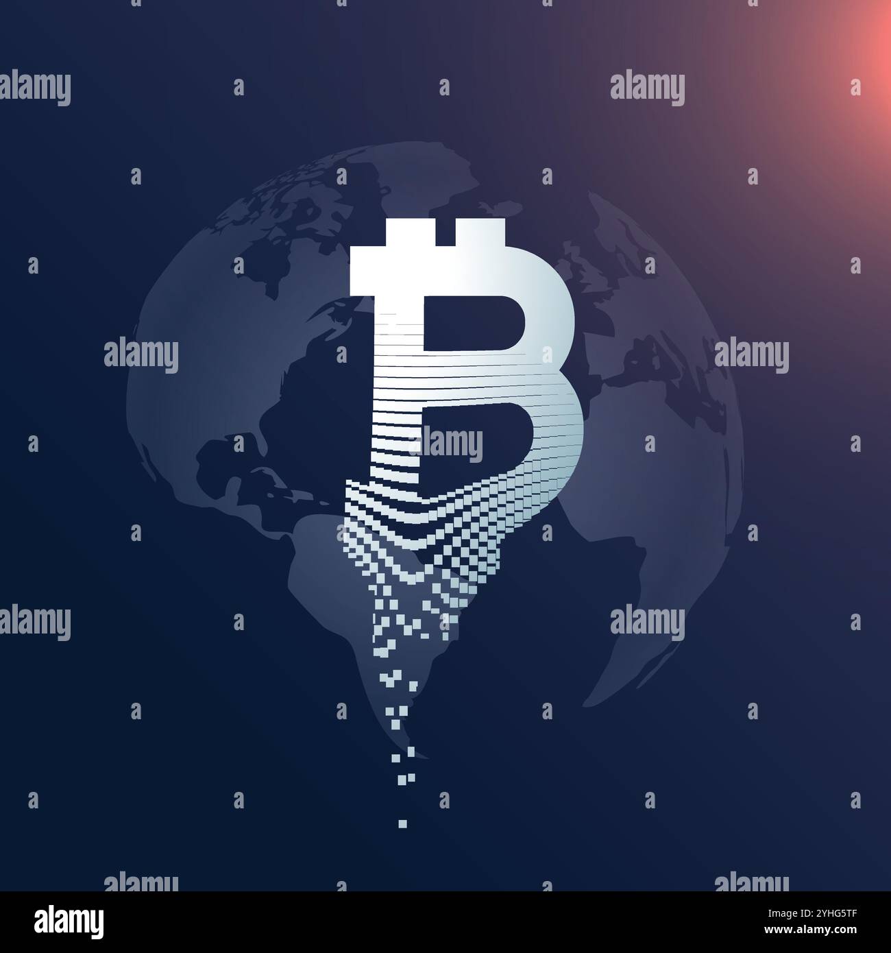 Bitcoin digitale creative design simbolo con il mondo sullo sfondo della mappa Illustrazione Vettoriale