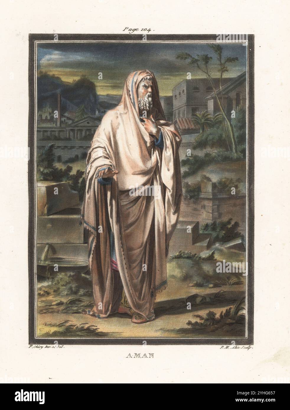 Haman, favorito di Ahasuerus, re di Persia, personaggio in Racine's Tragedy Esther, 1689. Uomo barbuto in mantello di bronzo ricamato sopra una veste blu, in piedi di fronte a un tempio e a edifici. Aman. Incisione su lastra di rame colorata a mano di Pierre-Michel Alix dopo un'illustrazione di Philippe Chéry da Recherches sur les Costumes et sur les Theatres de Toutes les Nations di Jean-Charles le Vacher de Charnois, M. Drouhin, Parigi, 1790. Foto Stock