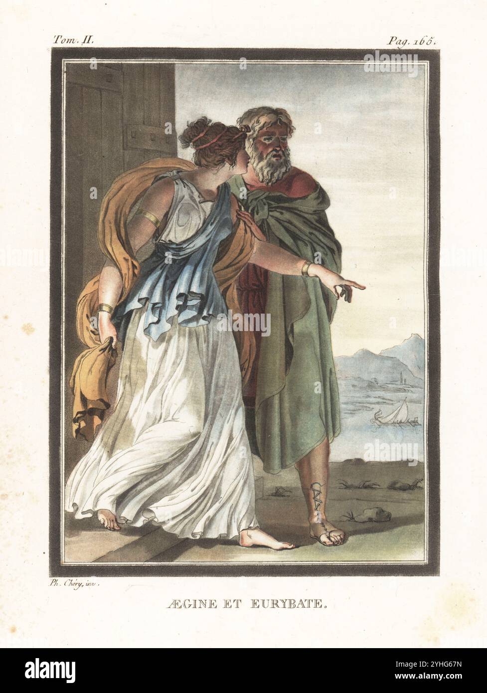 Egina, dama di compagnia di Clitennestra, ed Euribate, scudiero di Ulisse o Ulisse, personaggi della tragedia di Racine Ifigenia. 1674. Aegine et Eurybate. Incisione su lastra di rame colorata a mano dopo un'illustrazione di Philippe Chéry da Recherches sur les Costumes et sur les Theatres de Toutes les Nations di Jean-Charles le Vacher de Charnois, M. Drouhin, Parigi, 1790. Foto Stock