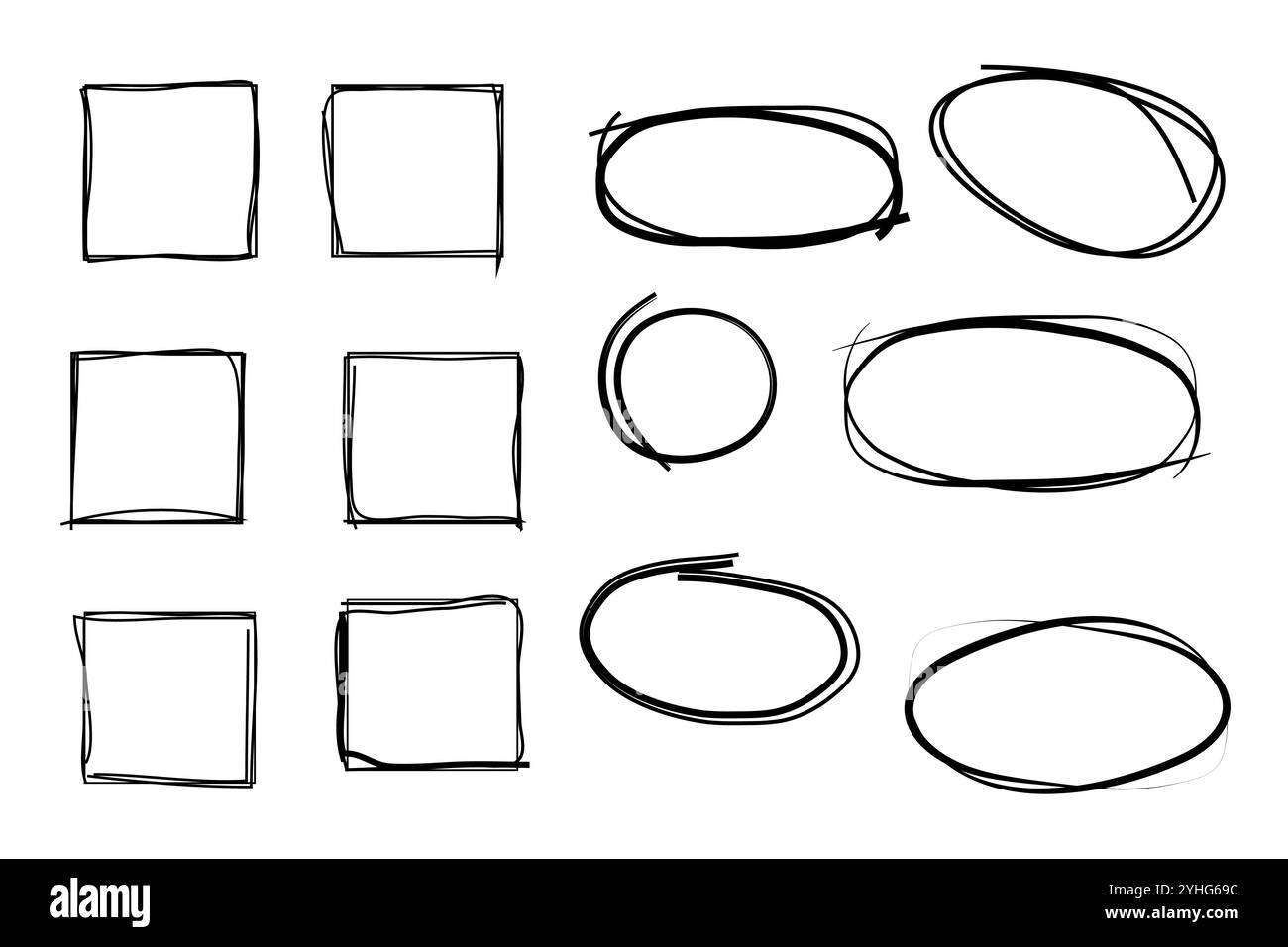 Le cornici quadrate e ovali disegnate a mano presentano bordi grafici e illustrazioni vettoriali. Illustrazione Vettoriale