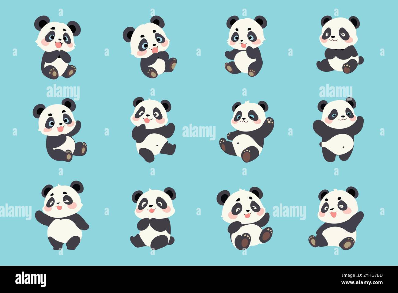 Una collezione di 12 panda cartoni animati con diverse espressioni, che mostrano la loro natura giocosa e accattivante. Illustrazione Vettoriale