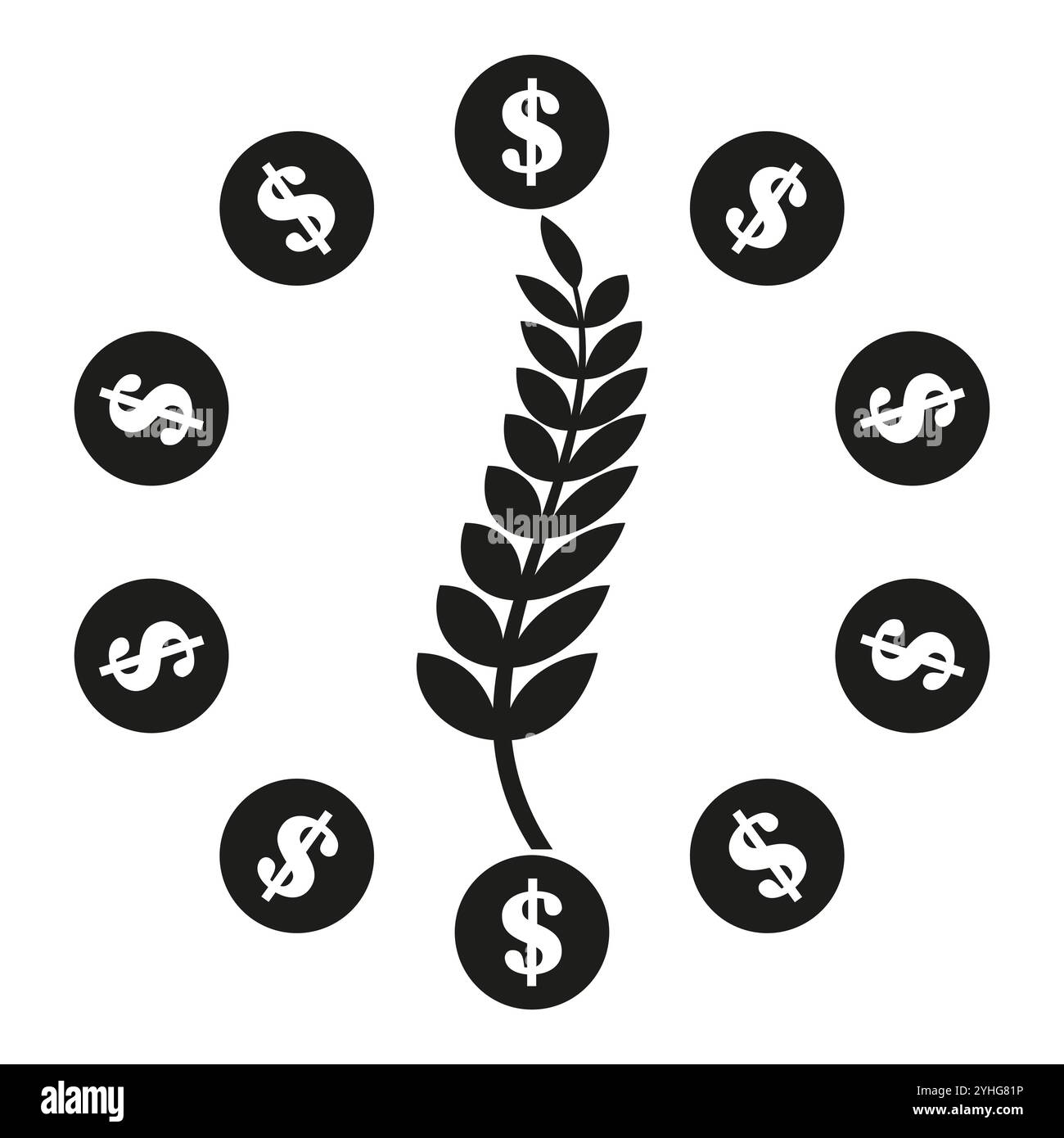 Simbolo del dollaro agricolo. Icona del denaro e dell'agricoltura. Vettore di crescita economica. Concetto di agricoltura finanziaria. Illustrazione Vettoriale