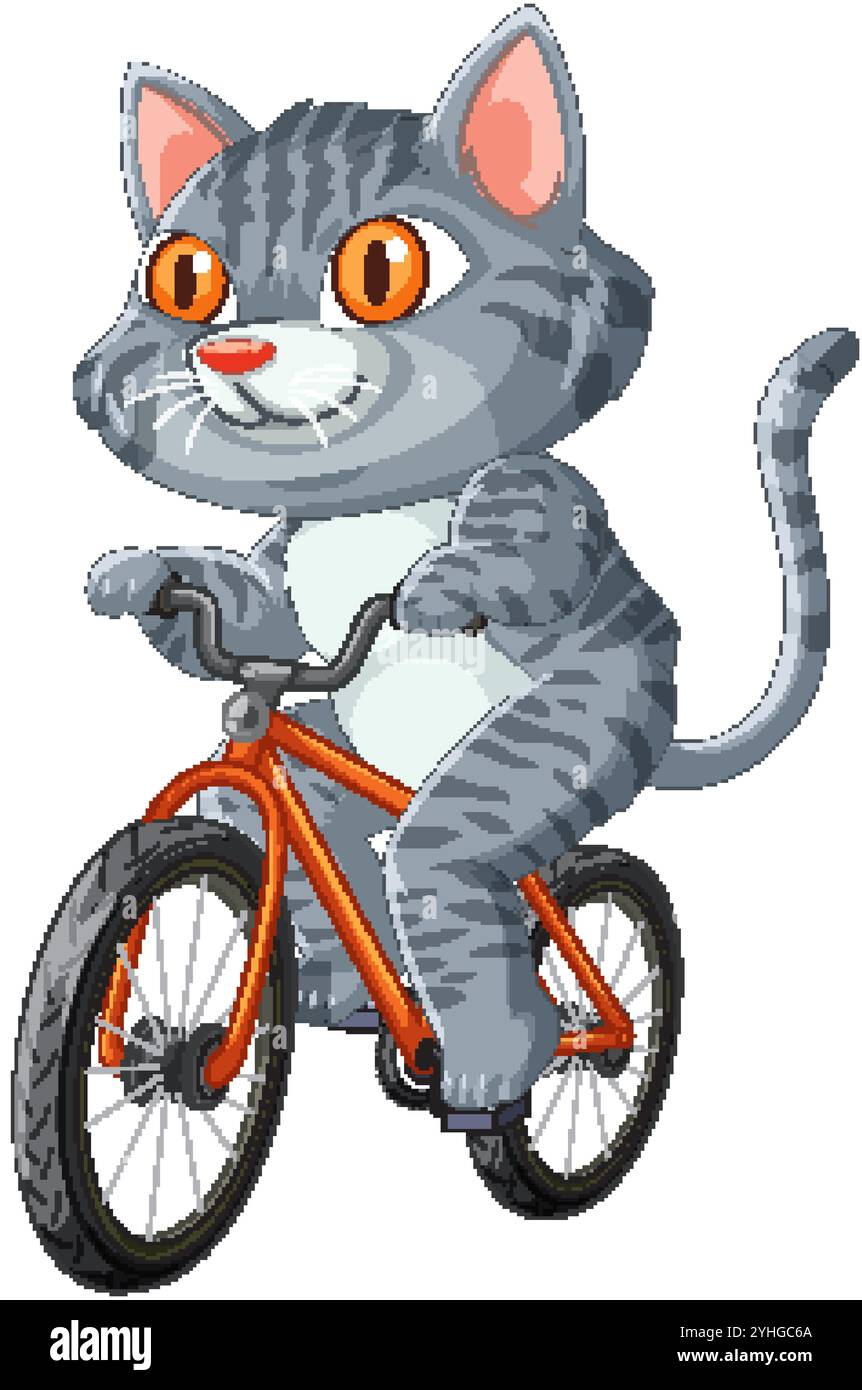 Un gatto giocoso cavalca con gioia una bicicletta arancione Illustrazione Vettoriale