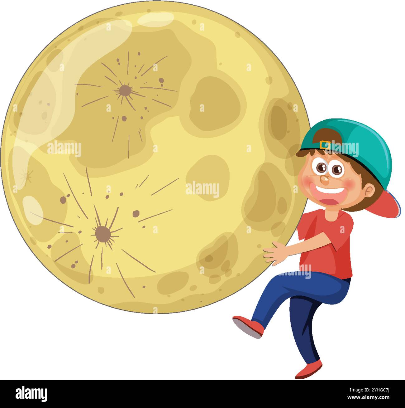 Un bambino che abbraccia una grande luna scintillante Illustrazione Vettoriale