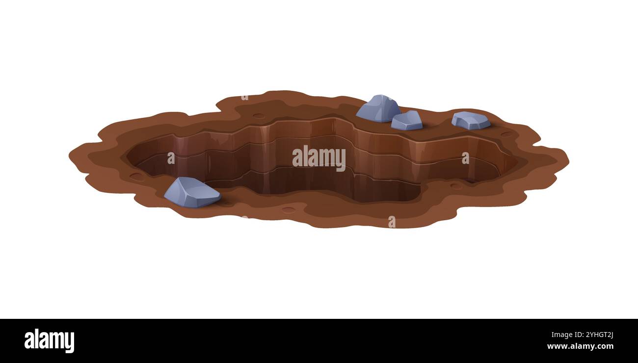 Cartoni animati, fossa sporca e tana, buca di terra. Spazio sporco naturale vettoriale isolato nella foresta o nel giardino, circondato da terra fangosa, marrone e rocce sparse, che suggeriscono un terreno selvaggio con terreno o fango Illustrazione Vettoriale