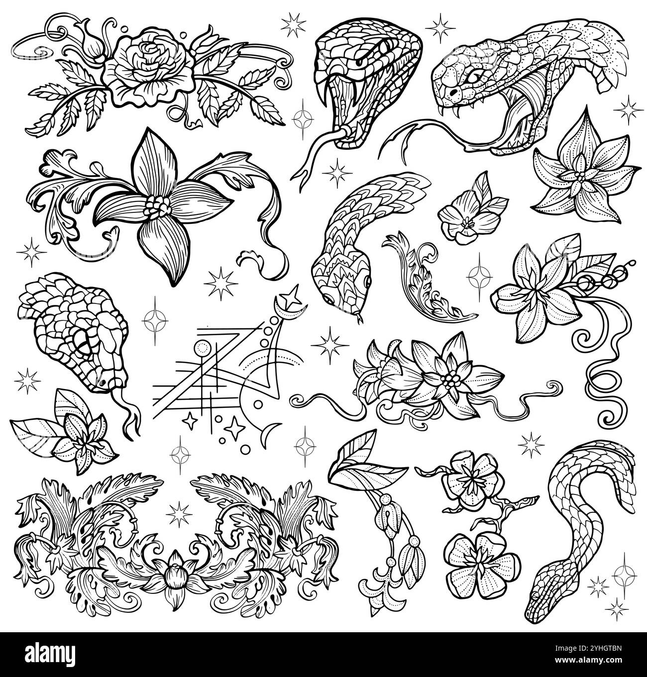 Set di design disegnato a mano con illustrazioni a linee del serpente - simbolo dell'anno secondo l'oroscopo orientale, motivi vicotriani e fiori. Sì Illustrazione Vettoriale