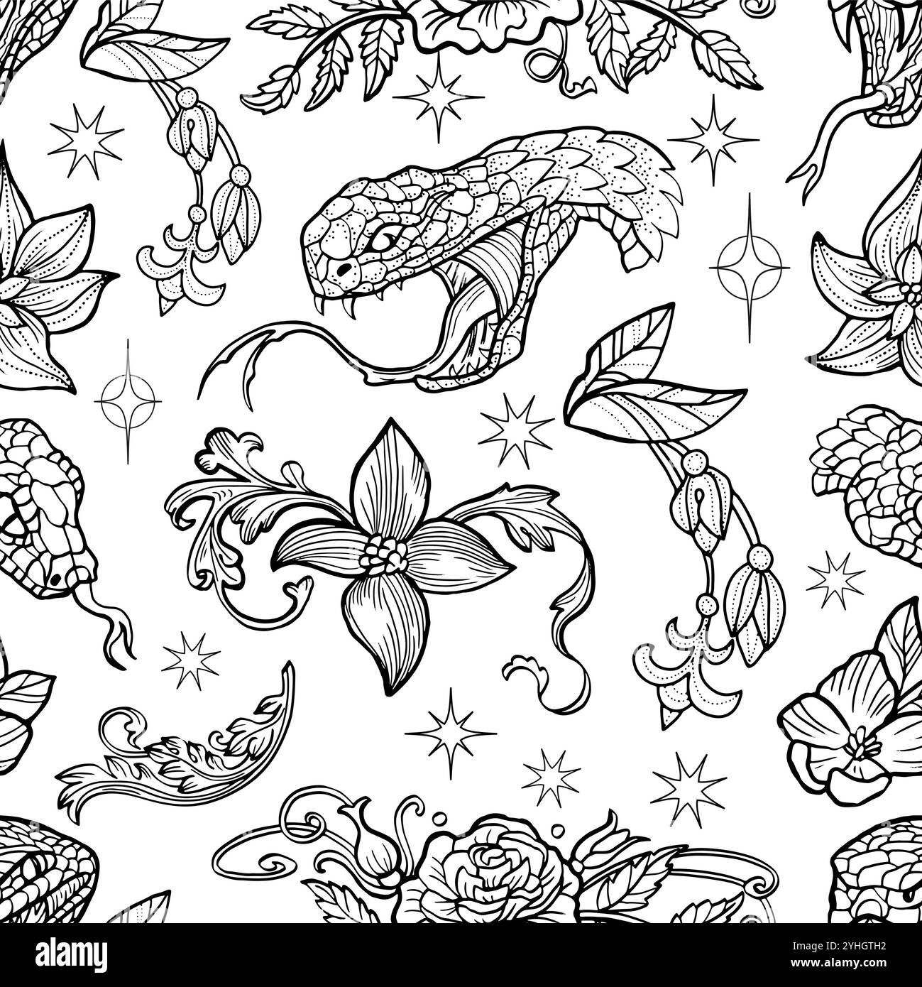 Motivo senza cuciture con illustrazioni line art del serpente - simbolo dell'anno secondo l'oroscopo orientale, motivi e fiori su bianco. Doodle A. Illustrazione Vettoriale