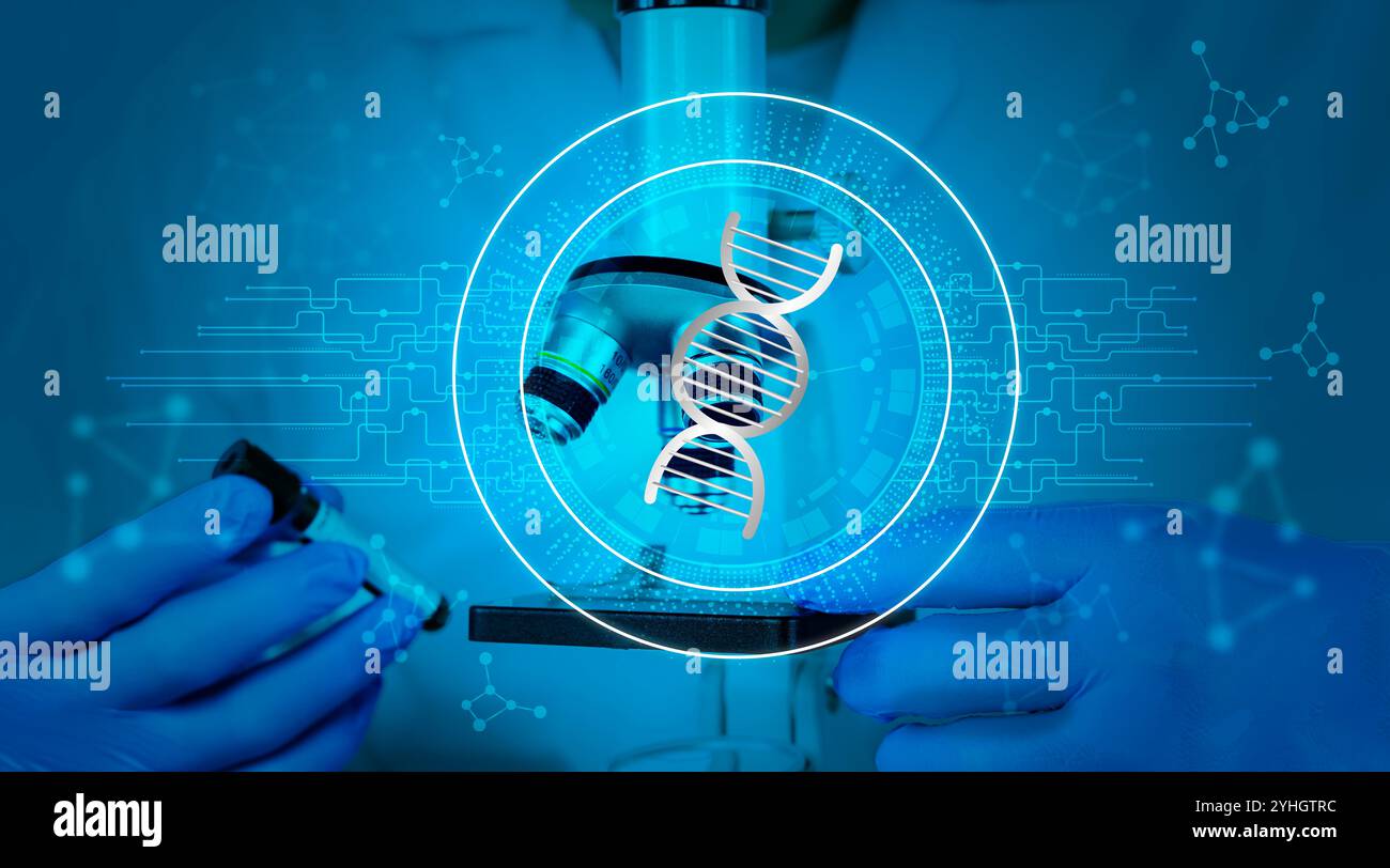 Biotecnologia, innovazione, ricerca, scienziati in indumenti sterili e occhiali di sicurezza seduti a tavola che conducono indagini di ricerca network cyb Foto Stock