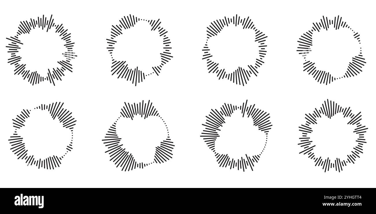 Serie di icone di ripple circolari. Cerchi concentrici con linee interrotte isolate su sfondo bianco. Vortice, onda sonar, onda sonora, sunburst, segnali Illustrazione Vettoriale