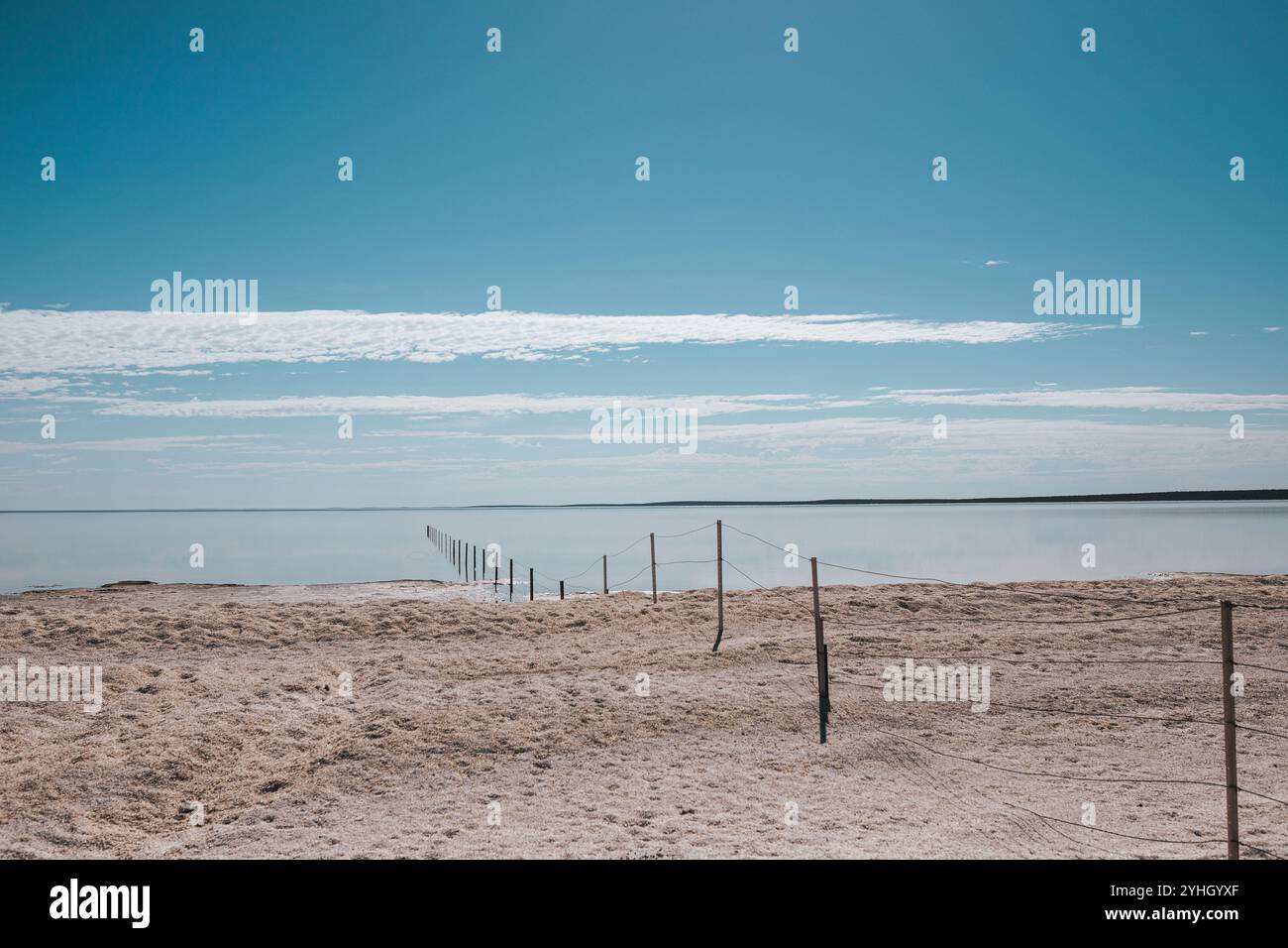 Recinzione in filo metallico con pali di legno sulla spiaggia, proseguendo nell'oceano verso l'orizzonte in un giorno d'estate blu-cielo. Fotografia paesaggistica, Shell Beach Foto Stock