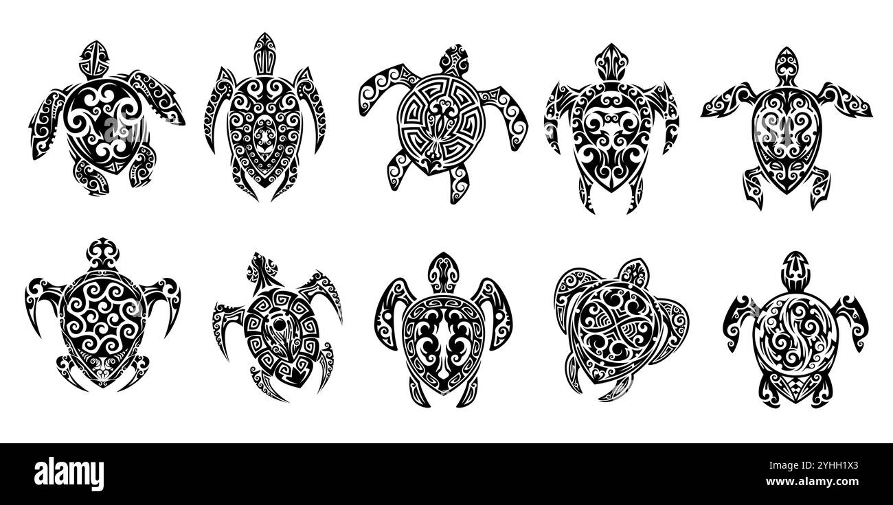Tatuaggio di animali rettili della tartaruga tribale maori. I segni totem Maya aztechi rappresentano longevità, saggezza e stabilità. Tartaruga nera vettoriale isolata con motivi simbolici, ornati e simmetrici di arte tribale Illustrazione Vettoriale
