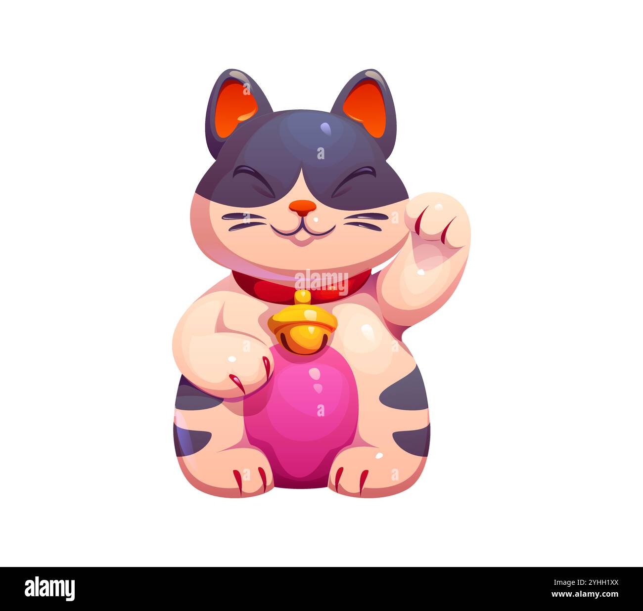 Cartoon giapponese maneki neko gatto fortunato con colletto rosso solleva la zampa in un gesto accogliente. Vettore isolato iconico gatto fortunato asiatico in bianco e nero simbolo di ricchezza e buona fortuna nella tradizione giapponese Illustrazione Vettoriale