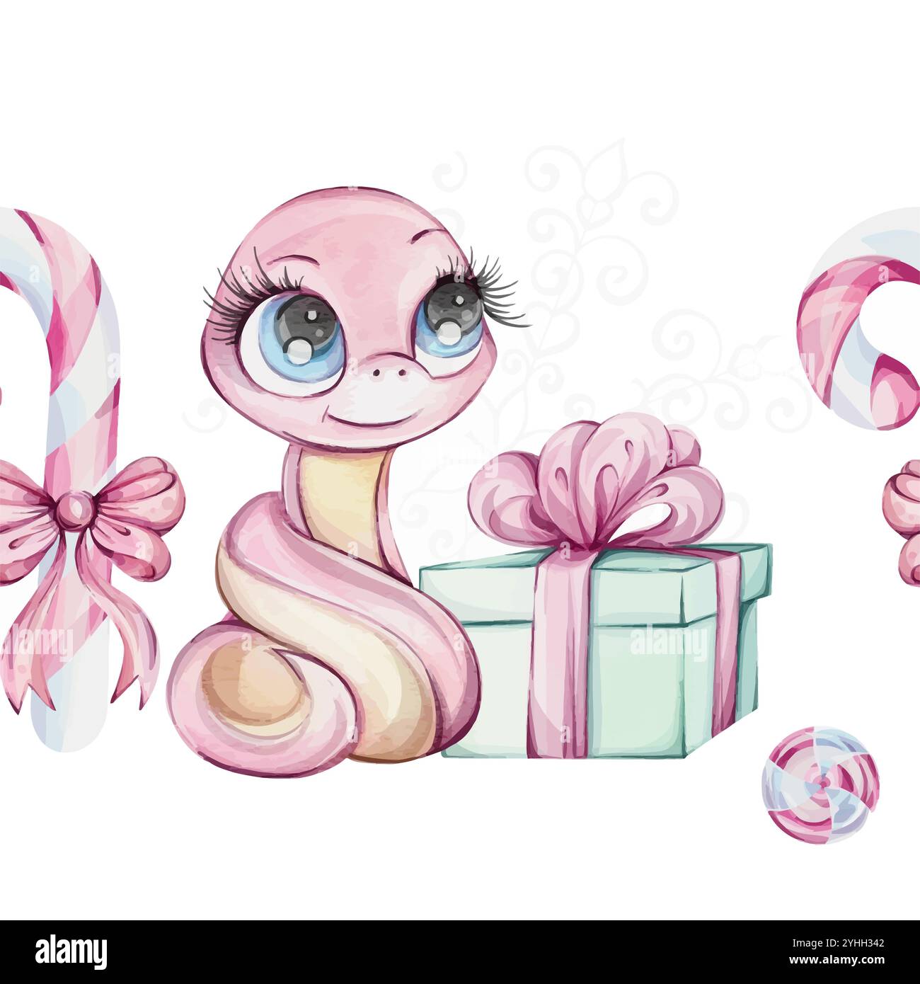 Ragazza di serpente rosa con confezione regalo verde e fiocco rosa, canna da zucchero. Motivo senza cuciture ad acquerello, bordo con il Capodanno 2025 di Symbol of Chines in un simpatico cartone animato Illustrazione Vettoriale