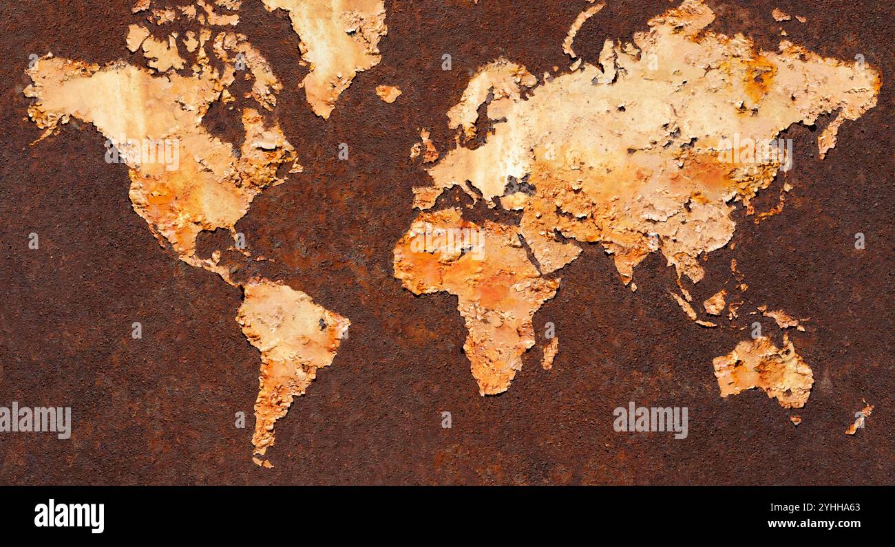 Mappa del mondo su piastra di ferro arrugginita Foto Stock