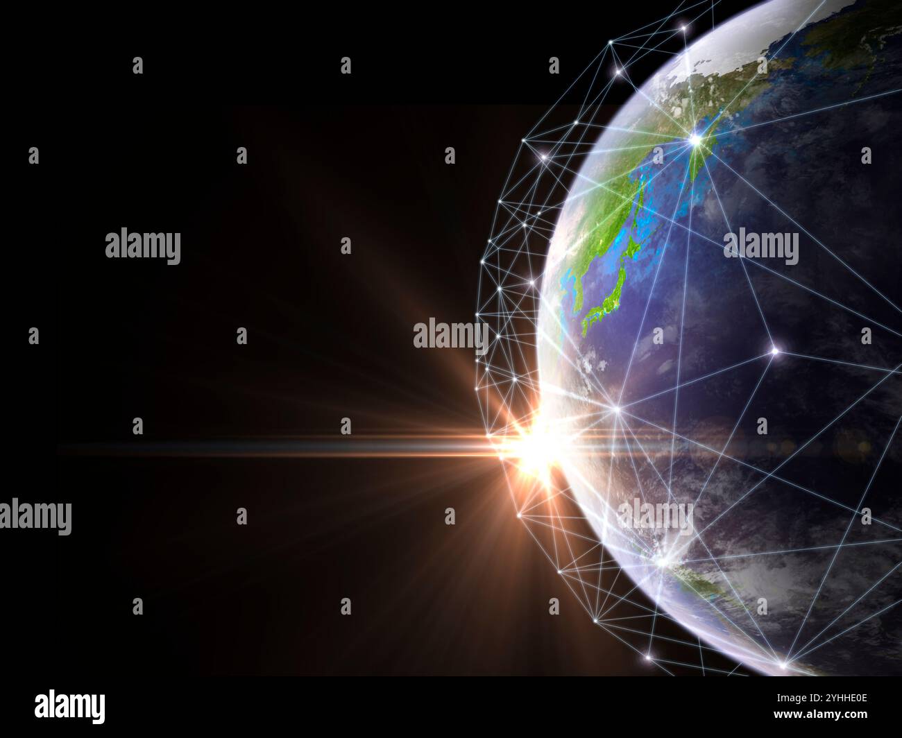 Rete globale di simboli giapponesi e alba Foto Stock