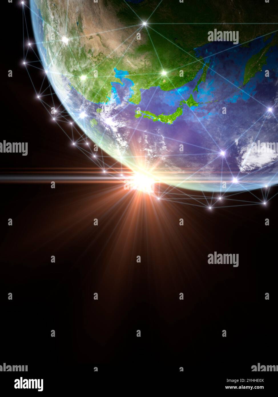 Rete globale di simboli giapponesi e alba Foto Stock