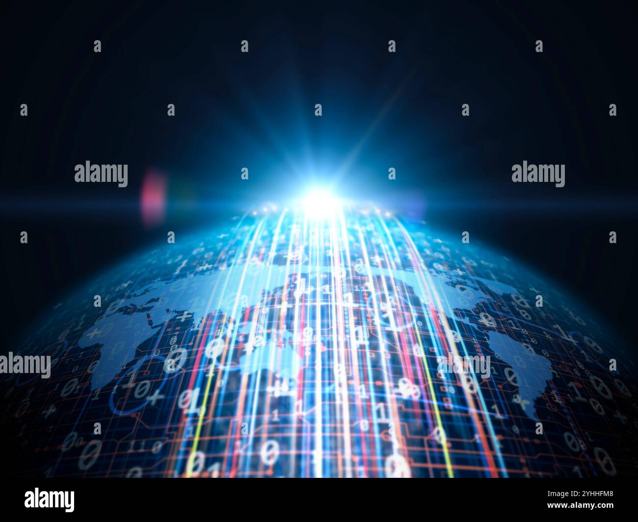 Dati digitali e raggi di luce che si muovono attraverso la sfera su cui galleggia la mappa del mondo Foto Stock