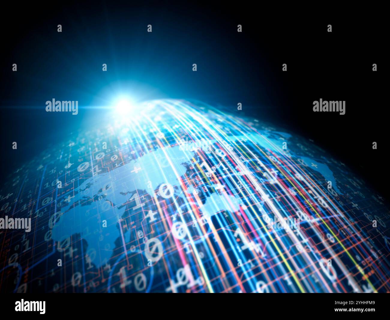 Dati digitali e raggi di luce che si muovono attraverso la sfera su cui galleggia la mappa del mondo Foto Stock