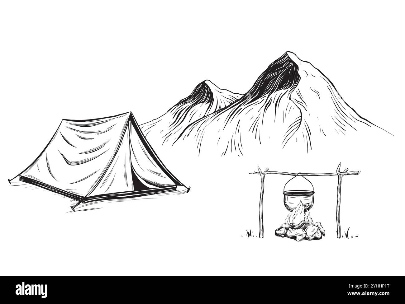 Tenda da campo disegnata a mano in montagna. Campo da campeggio o caldaia sul fuoco del campo con illustrazione vettoriale di pietre in stile lineare per l'avventura o il campeggio Illustrazione Vettoriale