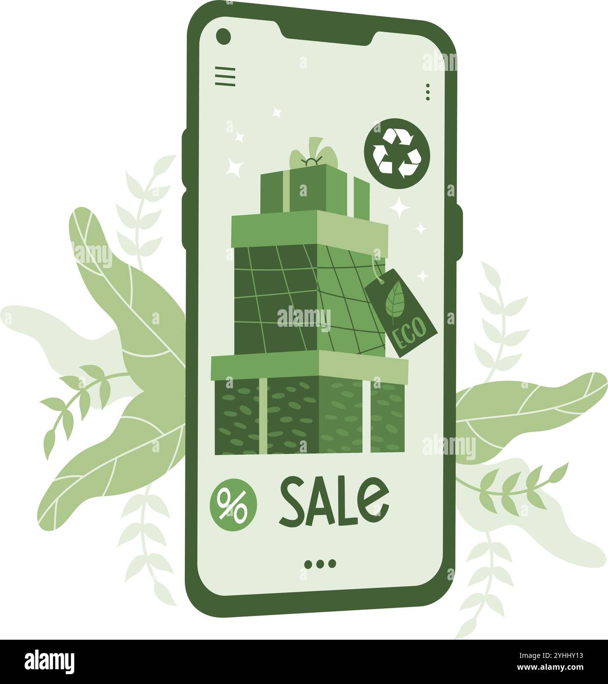 Shopping online ecologico. Telefono con regali ecologici naturali. Vendita. Illustrazione vettoriale. Concept Moda sostenibile e Thri Illustrazione Vettoriale