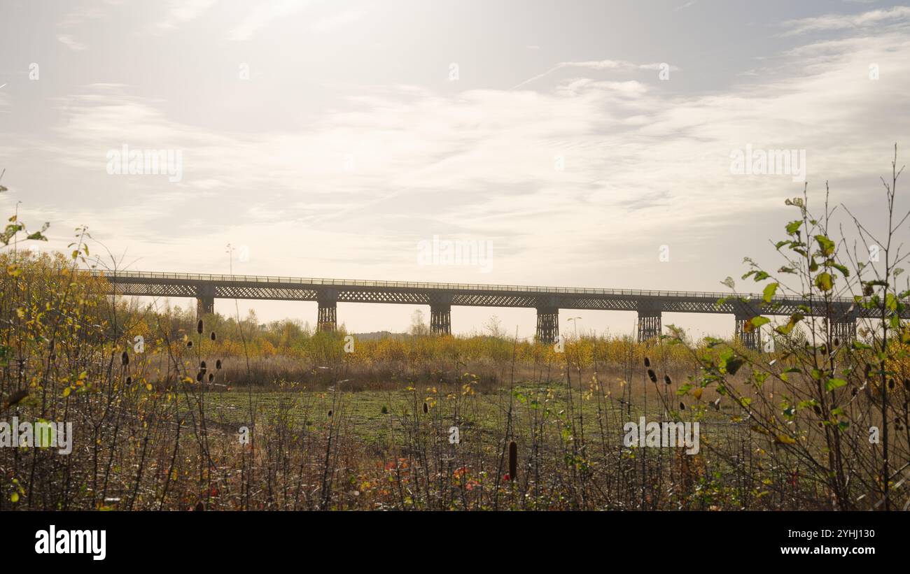 Viadotto Bennerley vicino a Ilkeston, Derbyshire, una struttura vittoriana in ferro battuto oggi conservata come sentiero pedonale Foto Stock