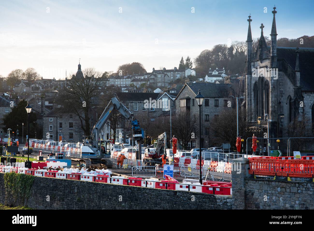 Lavori in corso sul Kendal Flood Risk Management Scheme, Kendal, Cumbria, Inghilterra, Regno Unito. Foto Stock