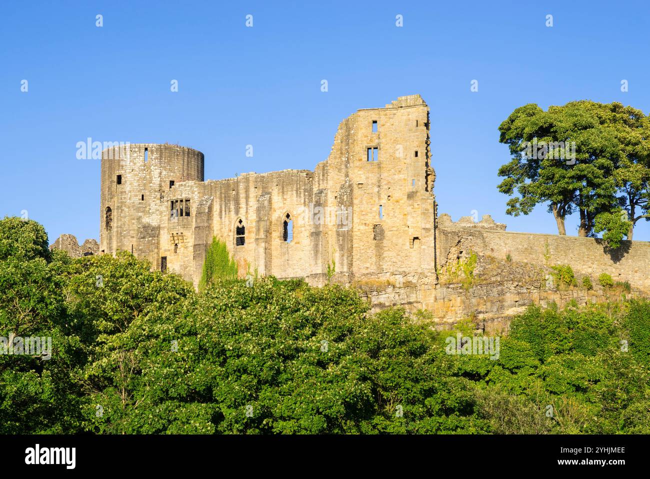 Castello di Barnard Teesdale - guardando in alto le mura e il castello in rovina del castello medievale nella contea di Durham, Inghilterra, Regno Unito, Europa Foto Stock