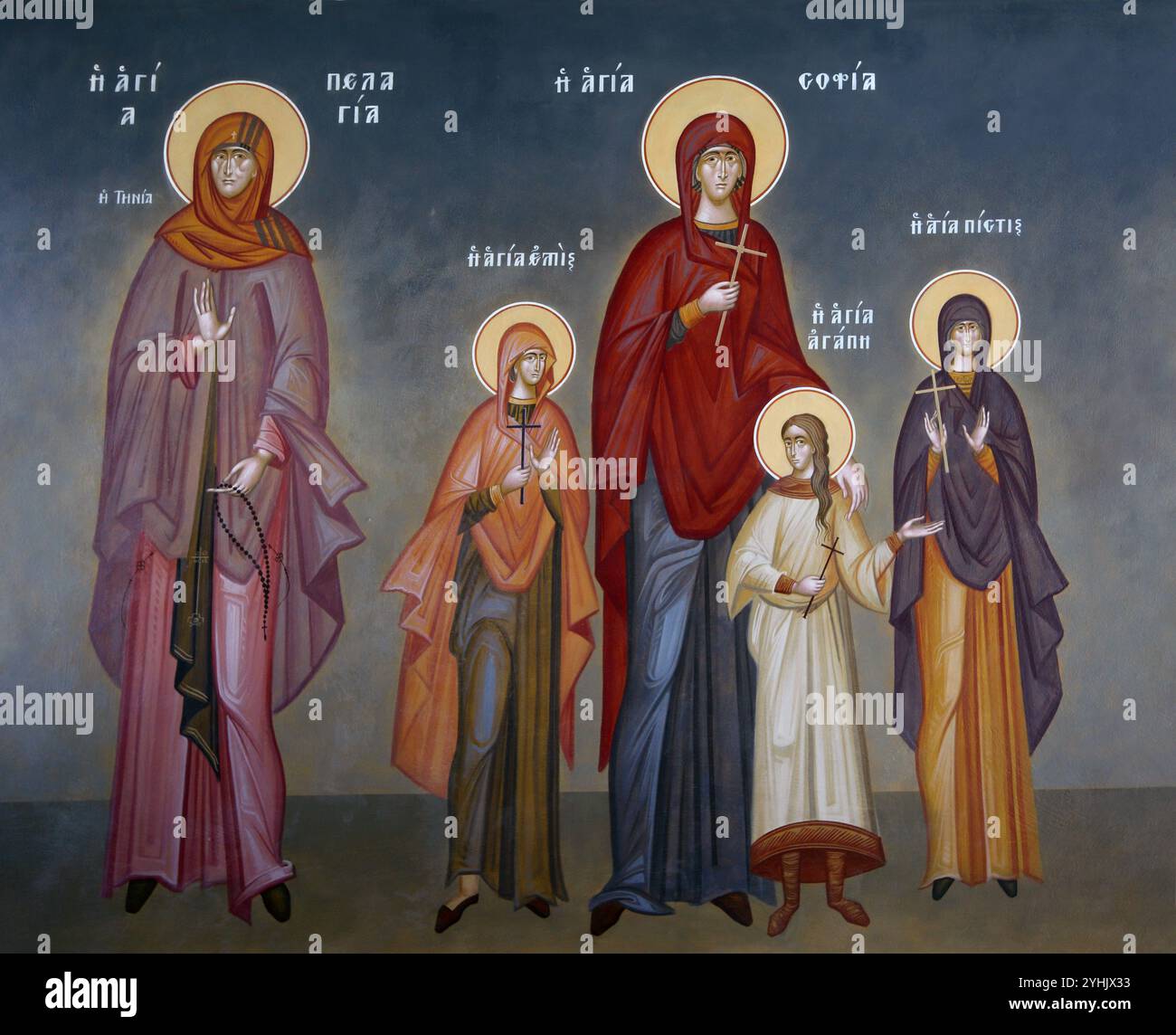 Icona dei martiri Santa Sofia e delle sue tre Figlie speranza, fede e amore nella Chiesa greco-ortodossa Panagia Faneromeni Vouliagmeni Atene Grecia Foto Stock