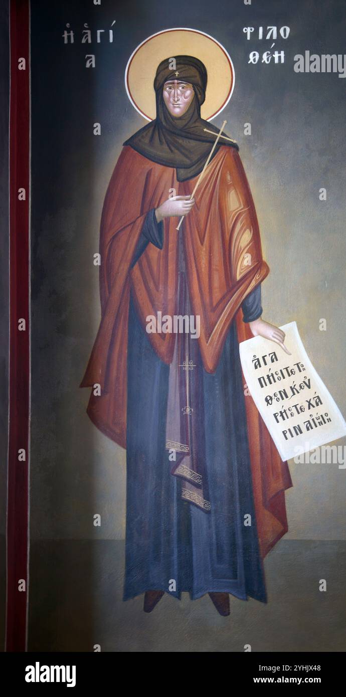 Icona di San Filotea di Atene un martire del XVI secolo in Panagia Faneromeni Chiesa greco-ortodossa Vouliagmeni Atene Grecia Foto Stock