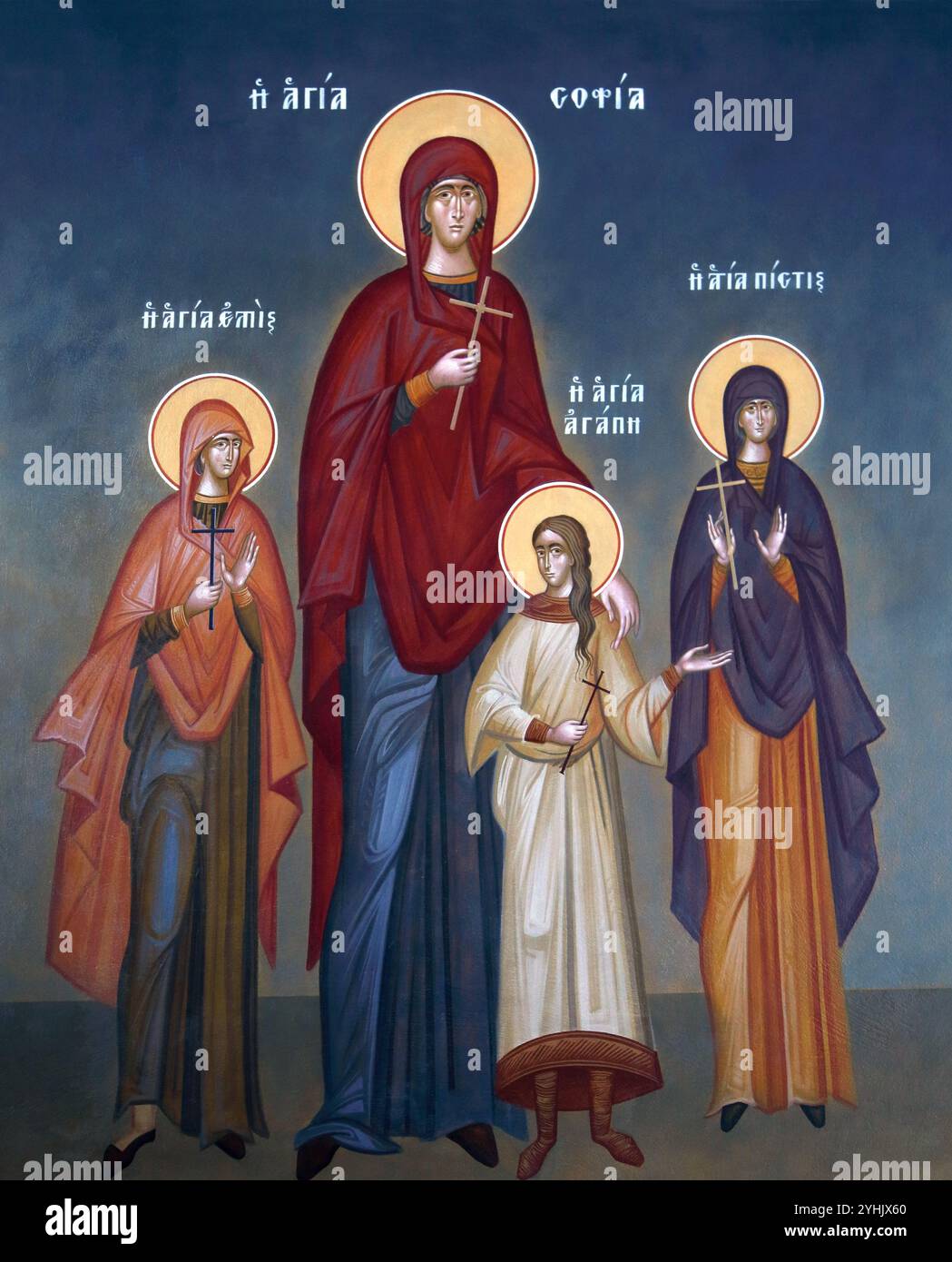 Icona dei martiri Santa Sofia e delle sue tre Figlie speranza, fede e amore nella Chiesa greco-ortodossa Panagia Faneromeni Vouliagmeni Atene Grecia Foto Stock