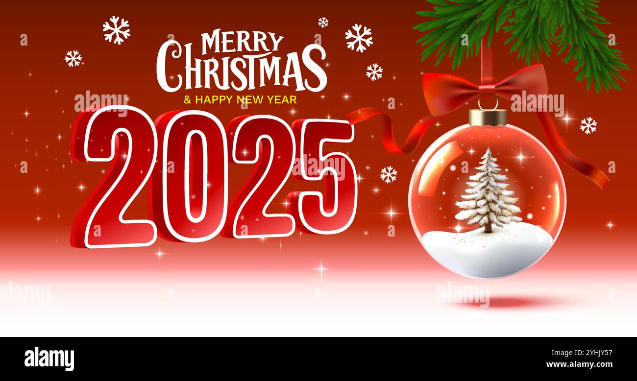 Sposare Natale 2025, felice anno nuovo, numeri d'oro 3d, regali e giocattoli vicino all'albero. Illustrazione Vettoriale