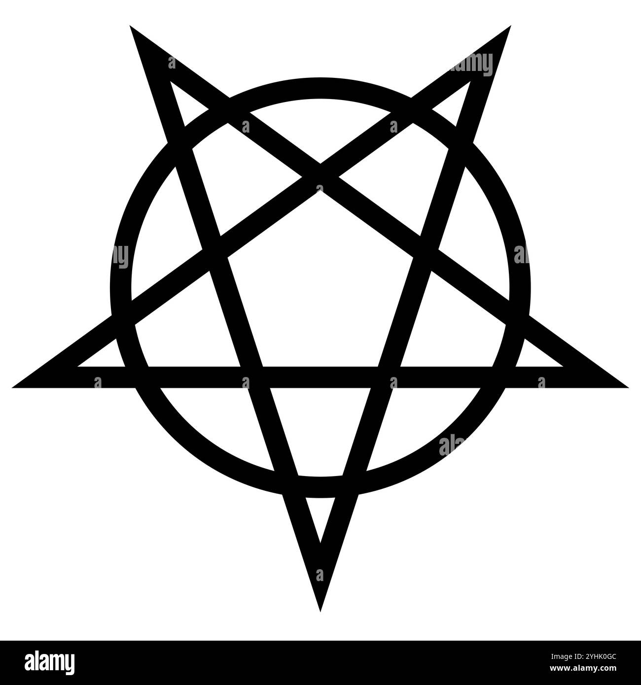 Pentagramma invertito circoscritto da un cerchio. Segno a stella a cinque punte. Magico simbolo del satanismo. Semplice illustrazione nera piatta. Illustrazione Vettoriale