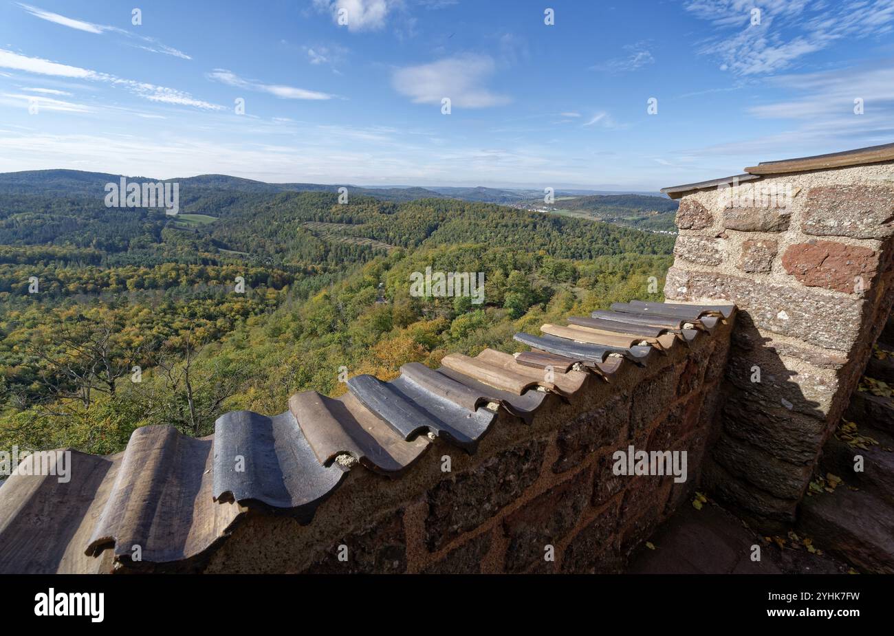 Vista dal castello di Wartburg. Il castello vicino a Eisenach, nella foresta della Turingia nord-occidentale, è stato inserito tra i siti patrimonio dell'umanità dell'UNESCO nel 1999. Eisen Foto Stock