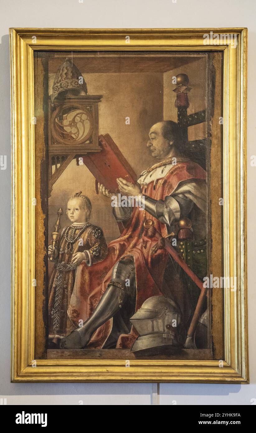 Ritratto di Federico da Montefeltro e suo figlio Guidobaldo di Pedro Berruguete, dipinto nel Palazzo Ducale, città vecchia, sito patrimonio dell'umanità dell'UNESCO, Urbino Foto Stock